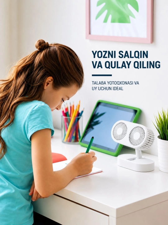 Ikki qavatli mini ventilyator, USB ventilyator, stolga o‘rnatiladigan, yig‘iladigan, sovituvchi