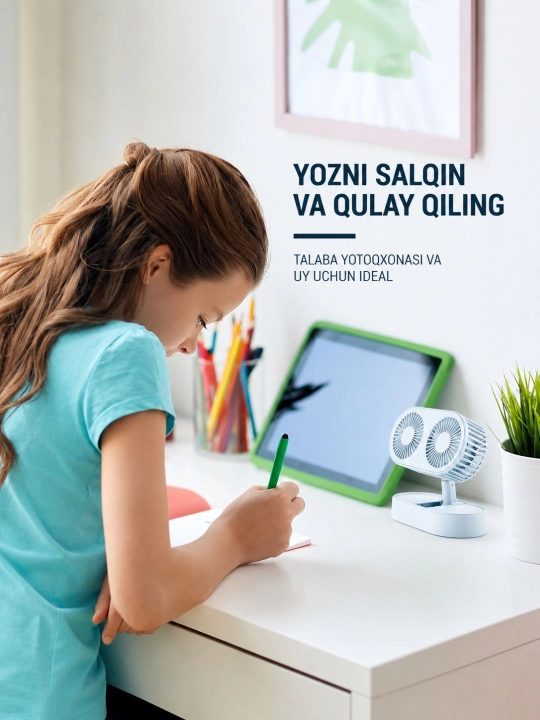 Ikki qavatli mini ventilyator, USB ventilyator, stolga o‘rnatiladigan, yig‘iladigan, sovituvchi