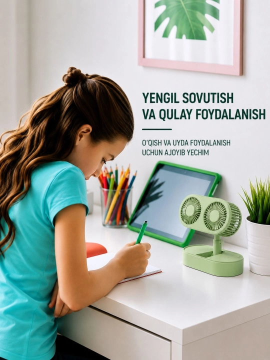 Ikki qavatli mini ventilyator, USB ventilyator, stolga o‘rnatiladigan, yig‘iladigan, sovituvchi