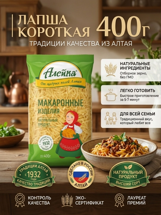 Макароны "Алейка", Лапша короткая, высший сорт, 400 гр - 