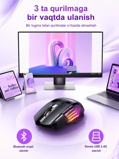 Simsiz sichqonchasi RGB yorug'lik, 3200 DPI, 800 mAh batareya, kompyuter va noutbuk uchun