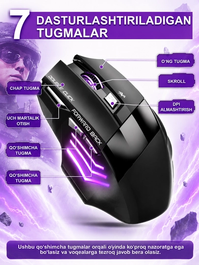 Simsiz sichqonchasi RGB yorug'lik, 3200 DPI, 800 mAh batareya, kompyuter va noutbuk uchun