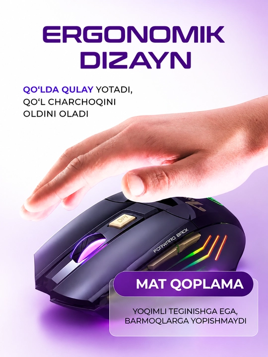 Simsiz sichqonchasi RGB yorug'lik, 3200 DPI, 800 mAh batareya, kompyuter va noutbuk uchun