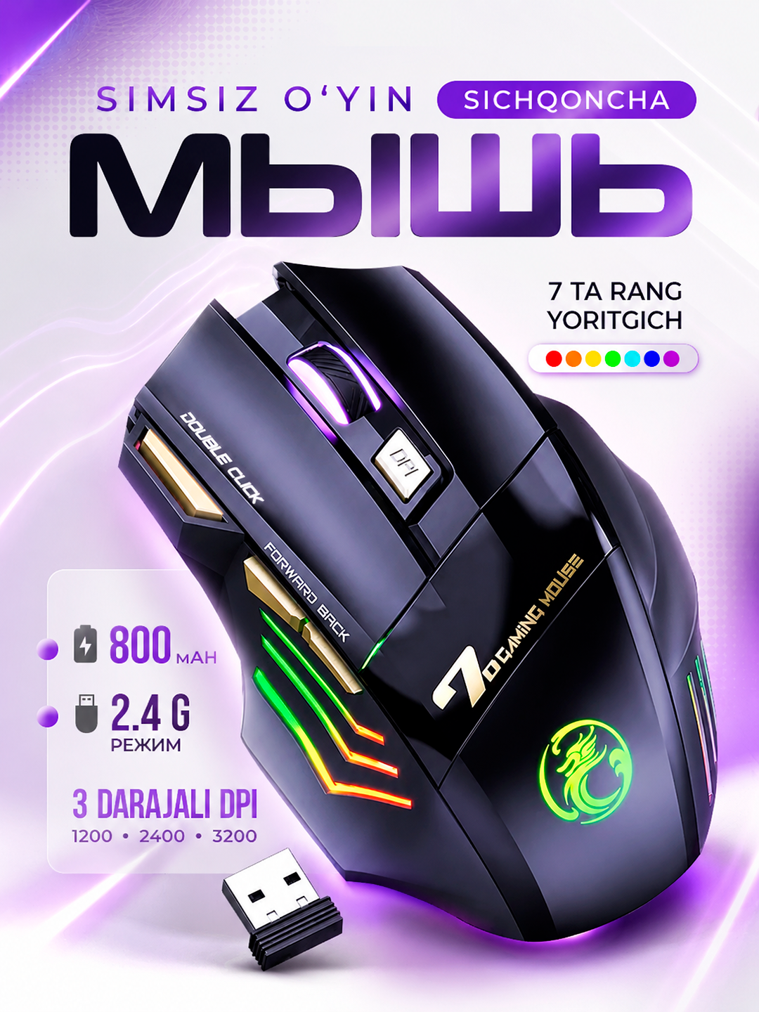 Simsiz sichqonchasi RGB yorug'lik, 3200 DPI, 800 mAh batareya, kompyuter va noutbuk uchun - 