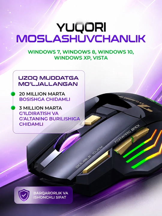 Simsiz sichqonchasi RGB yorug'lik, 3200 DPI, 800 mAh batareya, kompyuter va noutbuk uchun