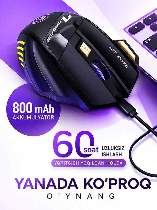 Simsiz sichqonchasi RGB yorug'lik, 3200 DPI, 800 mAh batareya, kompyuter va noutbuk uchun