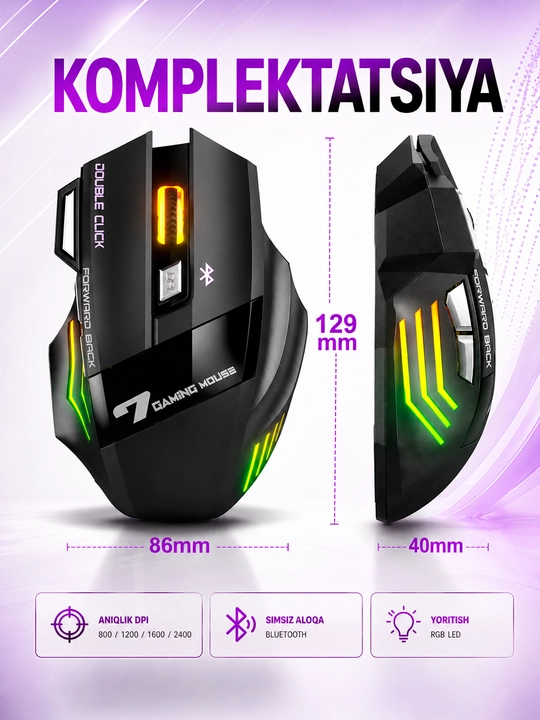 Simsiz sichqonchasi RGB yorug'lik, 3200 DPI, 800 mAh batareya, kompyuter va noutbuk uchun