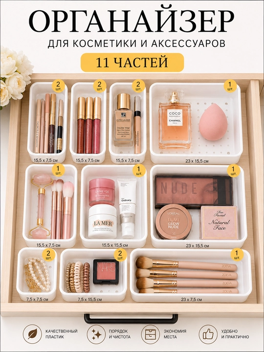 Kosmetika organayzeri, bo‘limli lotoklar to‘plami, tortma uchun saqlagich