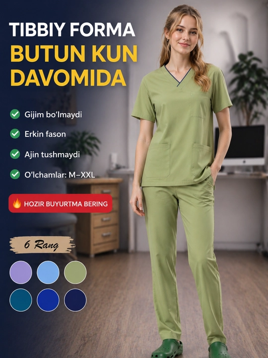 Ayollar uchun tibbiy scrub forma SHIFO LINE, 2 qismli medforma ko‘ylak va shim - 
