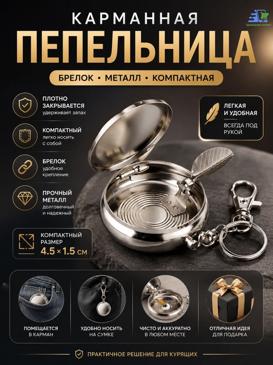 Карманная пепельница-брелок, с подставкой для сигареты - 