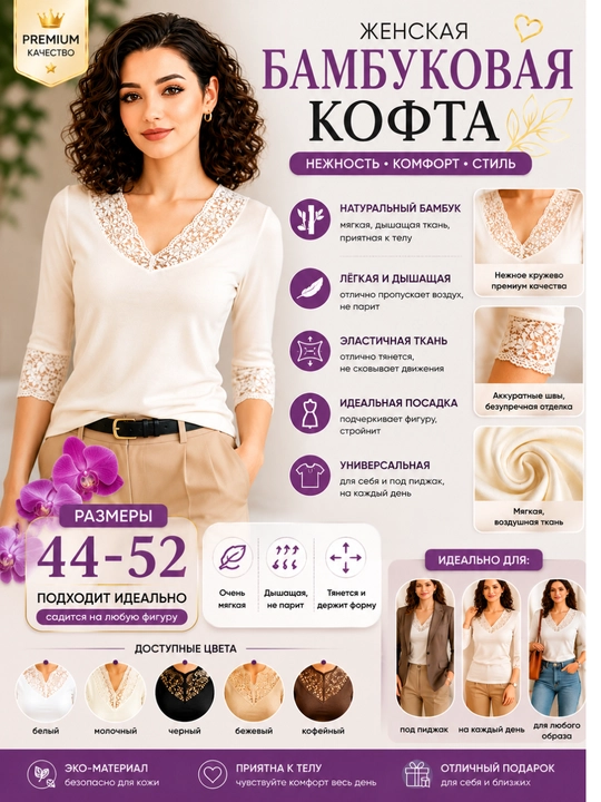 Женская кофта, Bamboo, стандартный размер от 46 до 52