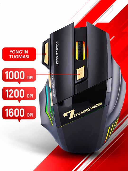 Simsiz sichqonchasi RGB yorug'lik, 3200 DPI, 800 mAh batareya, kompyuter va noutbuk uchun
