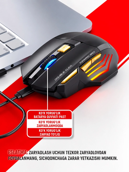 Simsiz sichqonchasi RGB yorug'lik, 3200 DPI, 800 mAh batareya, kompyuter va noutbuk uchun