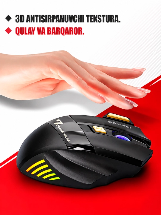 Simsiz sichqonchasi RGB yorug'lik, 3200 DPI, 800 mAh batareya, kompyuter va noutbuk uchun