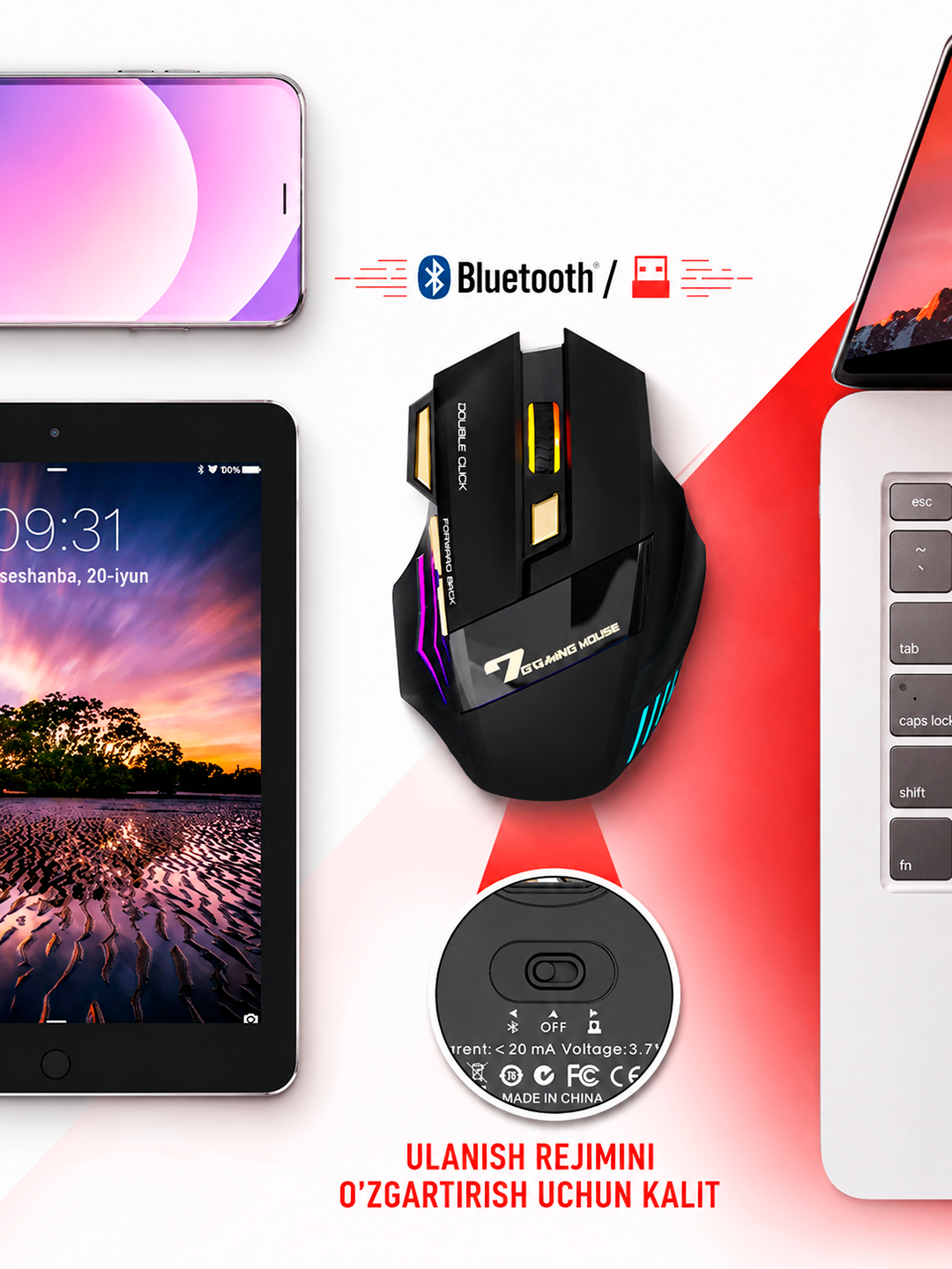 Simsiz sichqonchasi RGB yorug'lik, 3200 DPI, 800 mAh batareya, kompyuter va noutbuk uchun