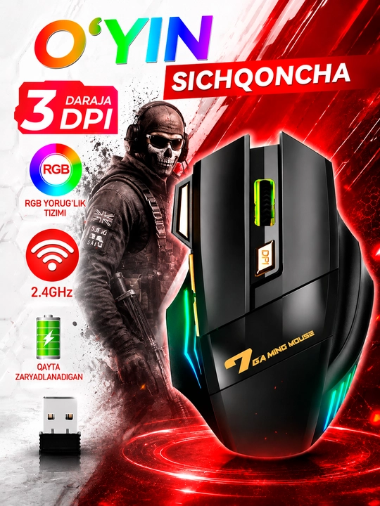 Simsiz sichqonchasi RGB yorug'lik, 3200 DPI, 800 mAh batareya, kompyuter va noutbuk uchun - 