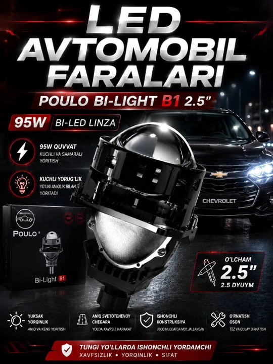 Bi-LED POULO Bi-Light B1 2.5 dyuymli, 95 Vt quvvatli avtomobil chirog‘i, yaqin va uzoq masofali yoritish moduli - 