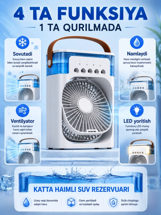 Mini konditsioner ventilyator 4 in 1, suvli mini ventilyator, havo sovutgich