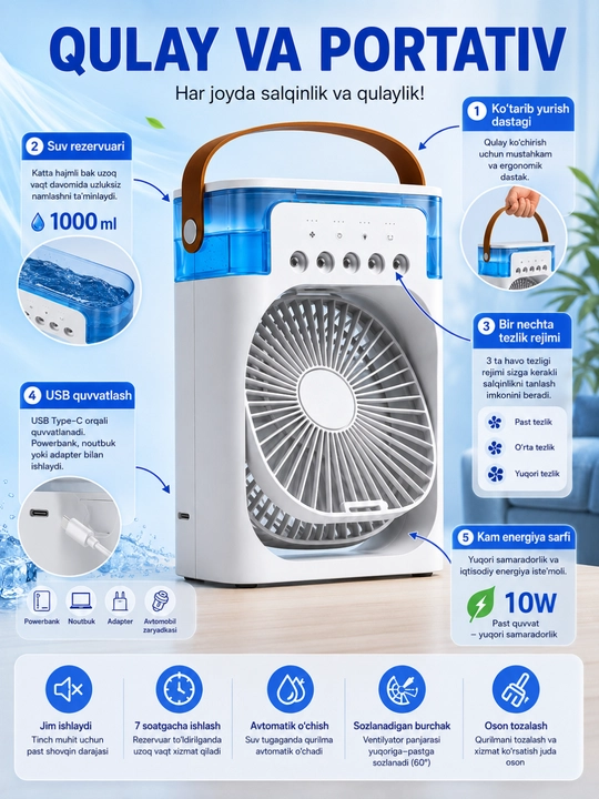Mini konditsioner ventilyator 4 in 1, suvli mini ventilyator, havo sovutgich