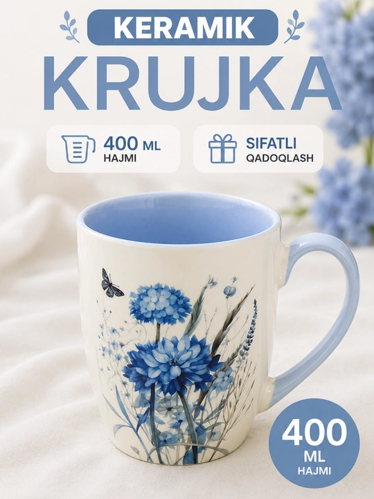 Krujka keramik 400 ml, gulli naqshli, choy va qahva uchun stakan - 
