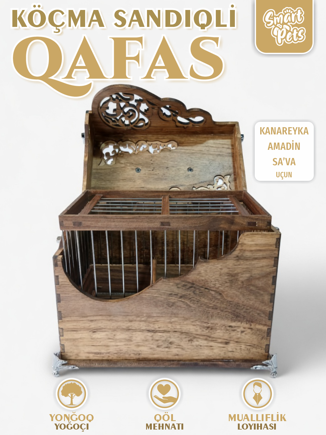 Kanareykalar uchun ko‘chma qafas-sandiq Smart Pets, yong‘oq yog‘ochidan, qo‘l mehnati - 