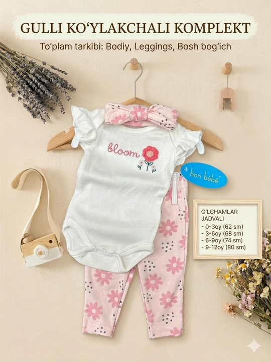 Chaqaloqlar uchun kiyim to'plami qizlarga: bodiy, shim va bosh bog'ich (bantik), 3 talik - 