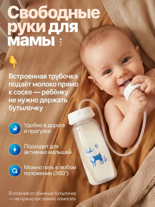Умная бутылочка для новорожденных с антиколиковой системой и длинной трубкой, 240 мл