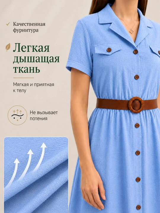 Летнее женское платье-рубашка макси с поясом и пуговицами — размеры S–5XL DEGO