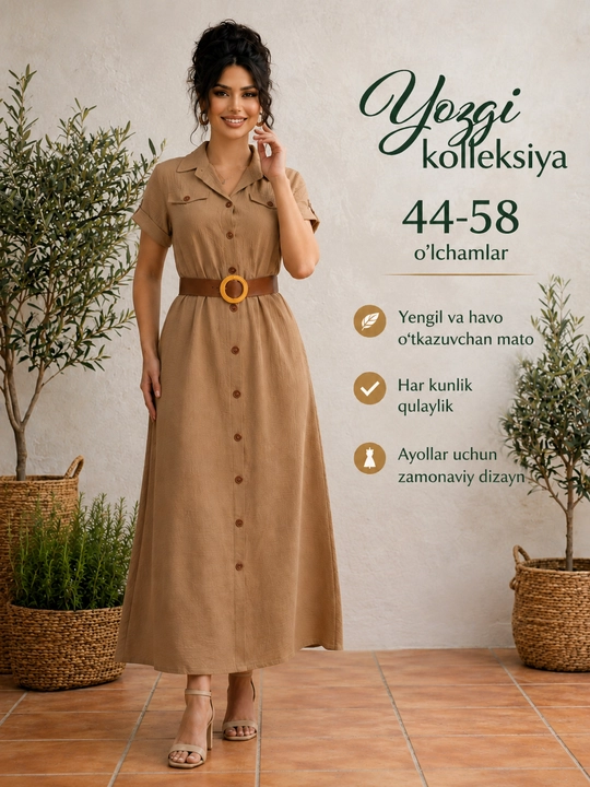 Ayollar yozgi ko‘ylak-ko‘ylagi, belbog‘li va tugmali maksi - S-5XL DEGO o‘lchamlarida