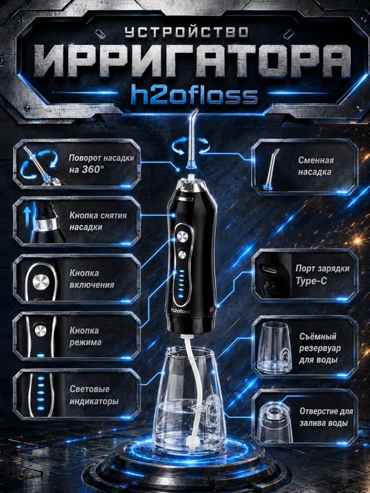 H2OFloss portativ irrigatori, 5 rejim, 8 nasadka, tish va milk kompleks parvarishi