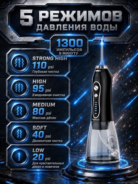 H2OFloss portativ irrigatori, 5 rejim, 8 nasadka, tish va milk kompleks parvarishi