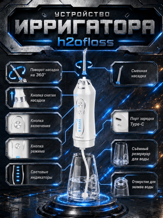 H2OFloss portativ irrigatori, 5 rejim, 8 nasadka, tish va milk kompleks parvarishi