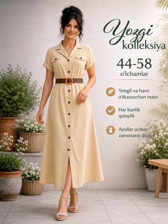 Ayollar yozgi ko‘ylak-ko‘ylagi, belbog‘li va tugmali maksi - S-5XL DEGO o‘lchamlarida