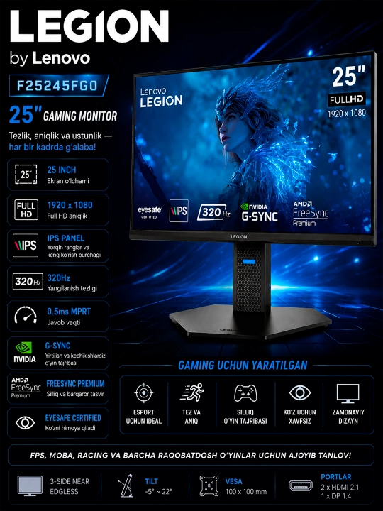 Игровой Монитор Lenovo Legion F25245FG0 25" 320Hz IPS Gaming Monitor