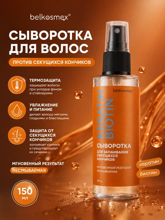 KERATIN BIOTIN soch uchun kesiluvchi uchlarga qarshi zardobi, 150 g, Belkosmeх - 