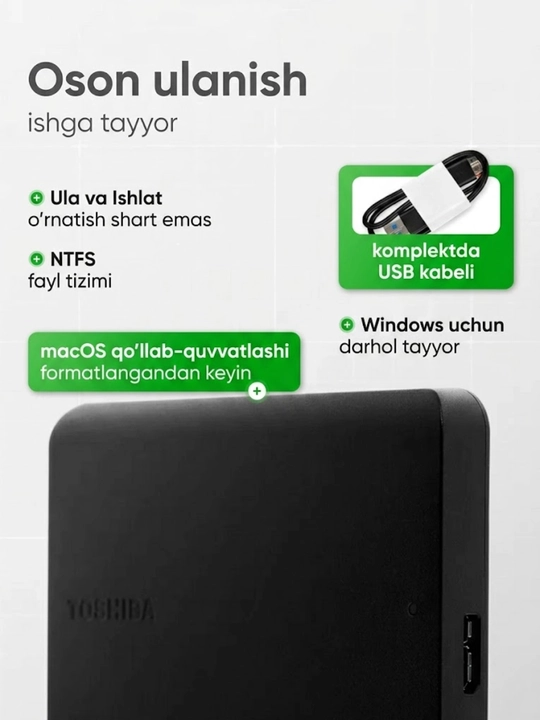 Toshiba Canvio Basics tashqi HDD, 320GB/500GB/1TB/2TB, USB 3.0