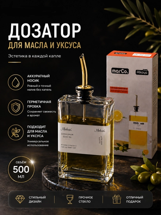 Shisha moy dozatori 500 ml, sirka va zaytun moyi uchun dispenser, tomchilamaydigan - 