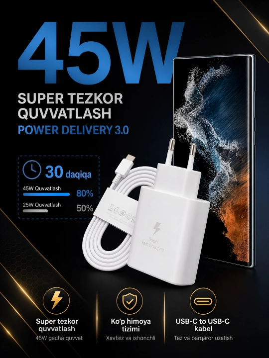 Зарядное устройство Samsung 45 Вт, 35 Вт, кабель Type-C, быстрое зарядное устройство - 