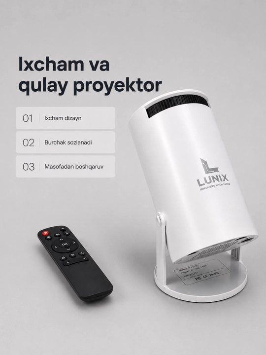 Lunix Smart Mini Proyektor, Ultra HD, HDMI USB, YouTube Netflix va telefon uchun