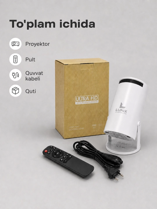 Lunix Smart Mini Proyektor, Ultra HD, HDMI USB, YouTube Netflix va telefon uchun