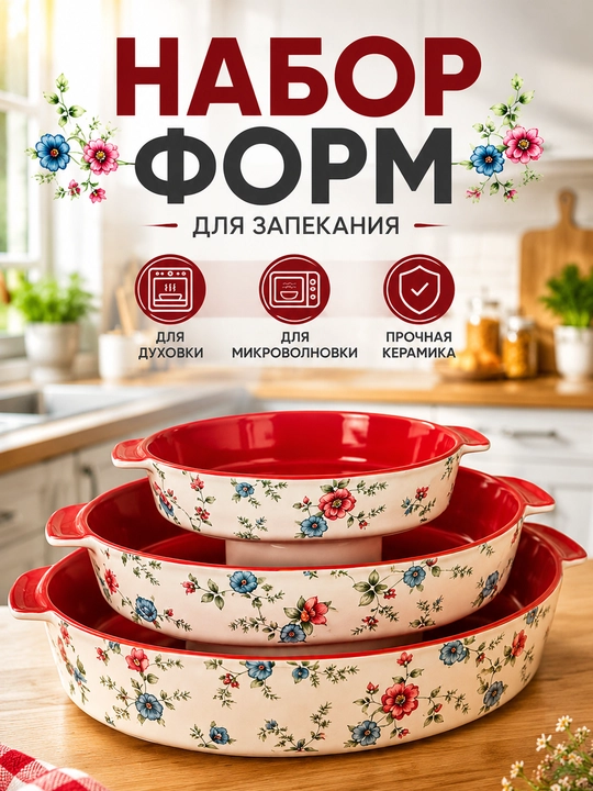 Keramik pishirish qolipi to‘plami, 3 dona, pech va mikroto‘lqinli pech uchun - 