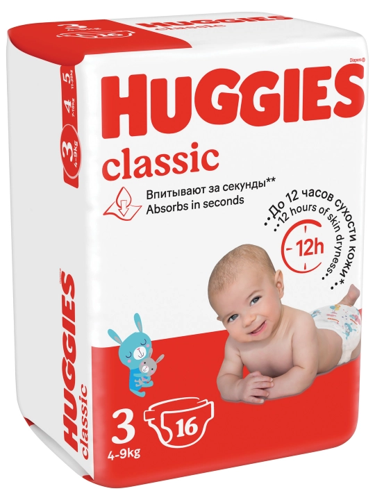 Huggies Classic tagliklari (4-9kg), 3-o'lcham,16 dona.