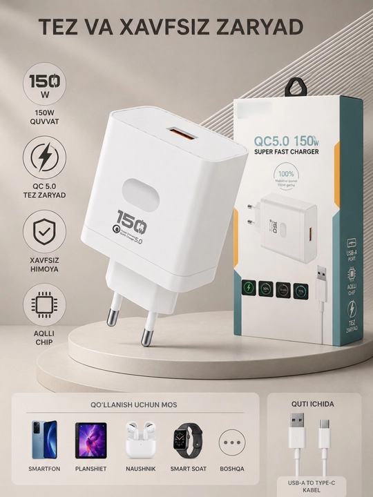 Зарядное устройство 120W–150W, Кабель Type-C / USB - 