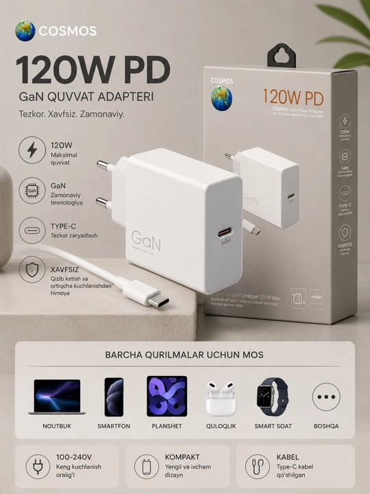 Зарядное устройство 120W–150W, Кабель Type-C / USB - 