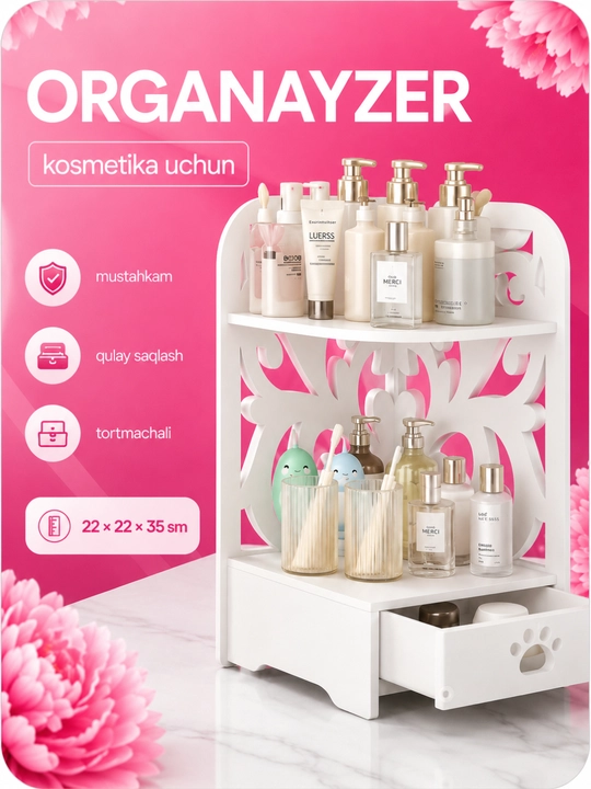 Kosmetika organayzeri, 3 qavatli saqlagich, tortmachali - 