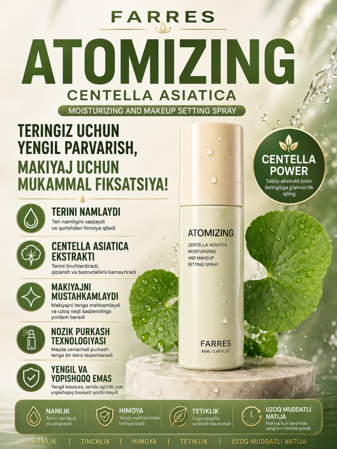 Makiyaj Fiksatori Sprey FARRES Atomizing Centella Asiatica, Namlovchi Mist, 85 ml