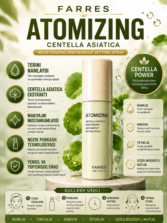 Makiyaj Fiksatori Sprey FARRES Atomizing Centella Asiatica, Namlovchi Mist, 85 ml