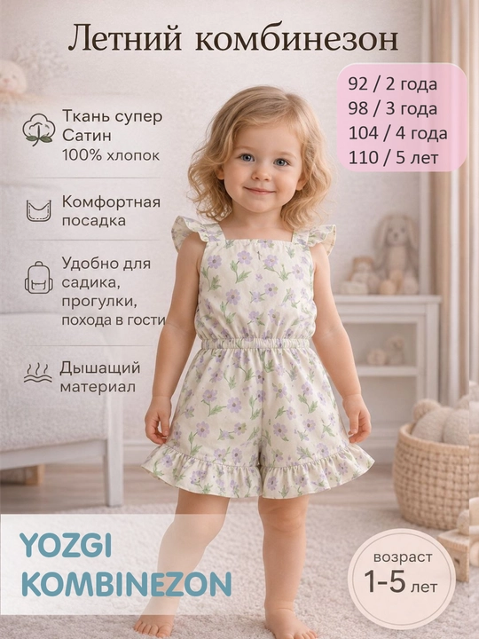 1-5 yoshli qizlar uchun mo‘ljallangan, gul naqshli paxtadan tikilgan, rezinkali qumdonli yozgi kombinezon - 