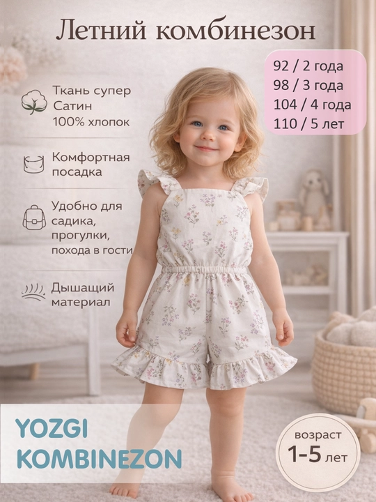 Летний комбинезон для девочек 1–5 лет, из хлопка с цветочным принтом, песочник на резинке - 