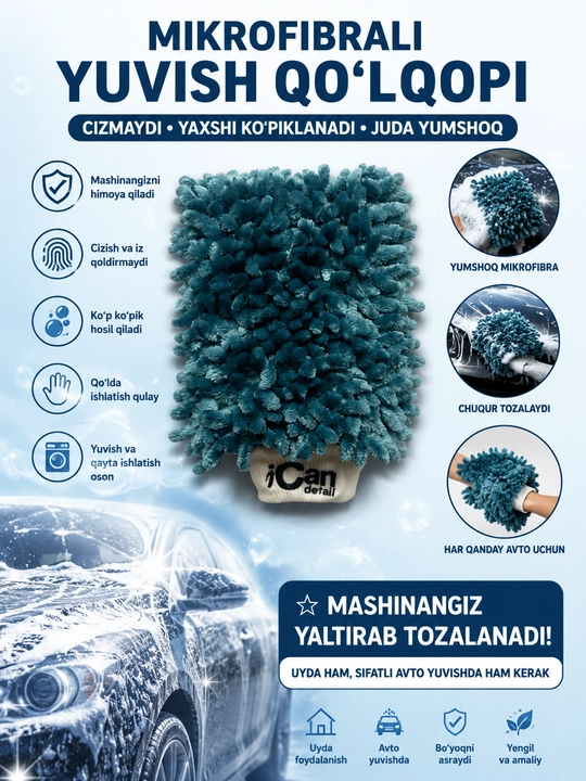Avtomobil uchun yumshoq tukli mikrofiber qo‘lqop iCan detaildan - 